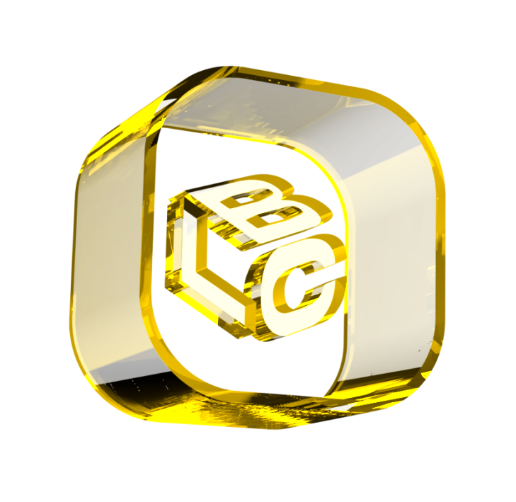 Logo 3D dourado com as letras B, L e C