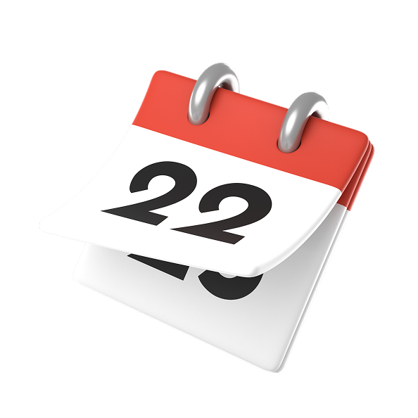 Calendário com o número 22 em destaque, indicando um dia importante para o início.