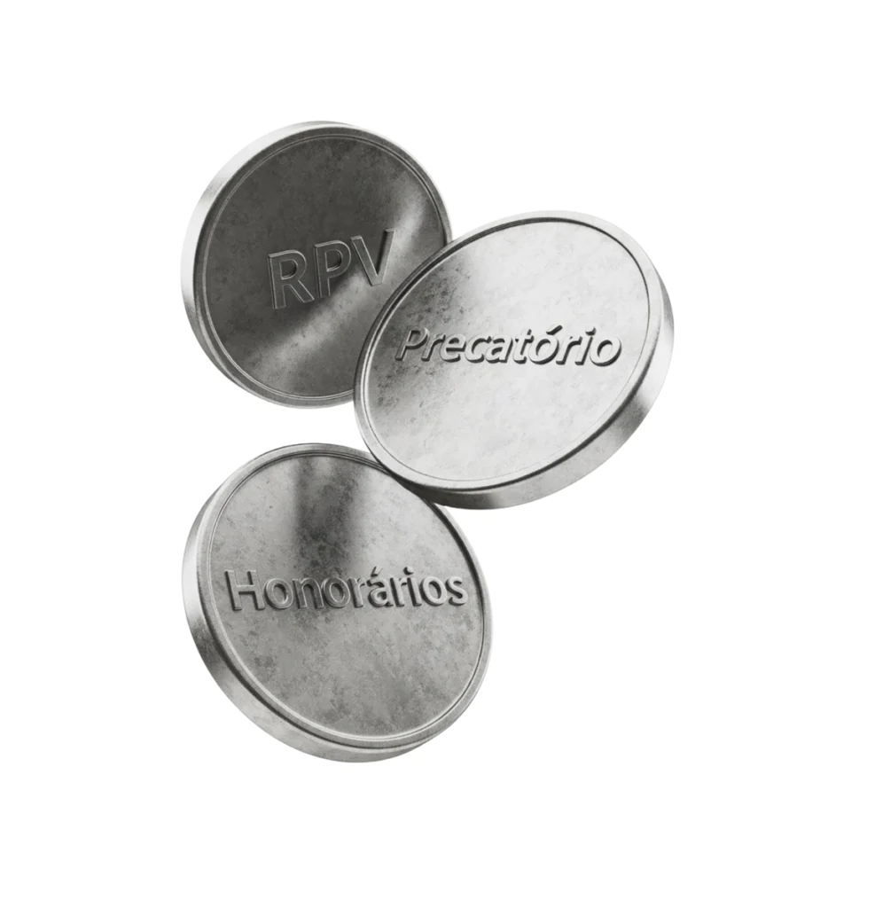 Moedas de metal com inscrições "RPV", "Precatório" e "Honorários