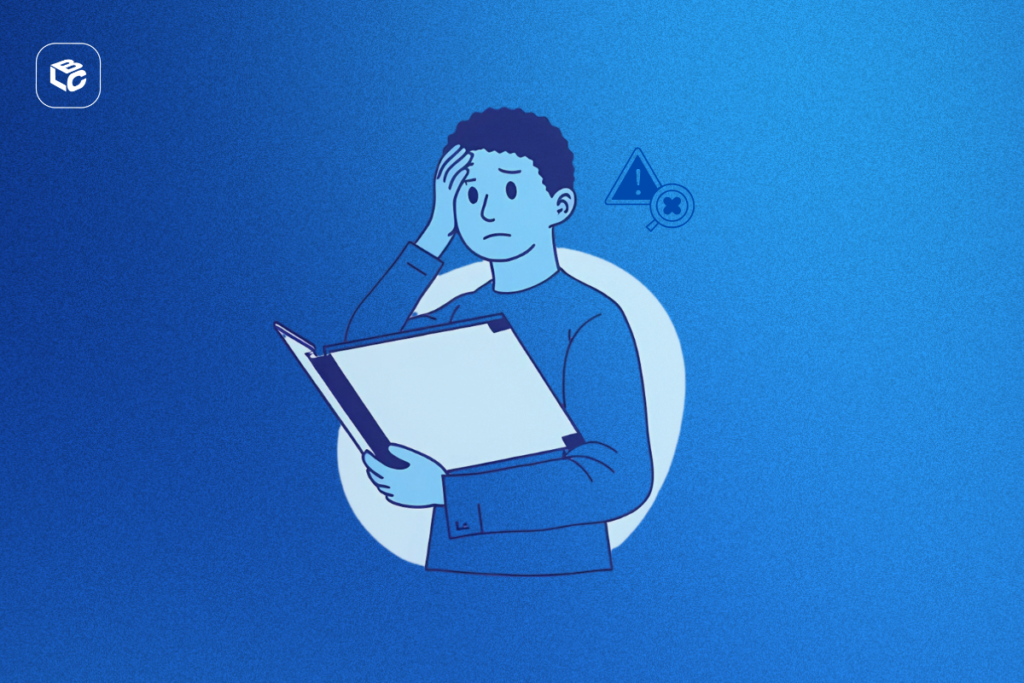 Homem confuso com livro, pensando em vendas de processos.