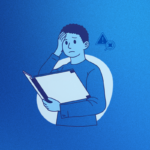 Homem confuso com livro, pensando em vendas de processos.