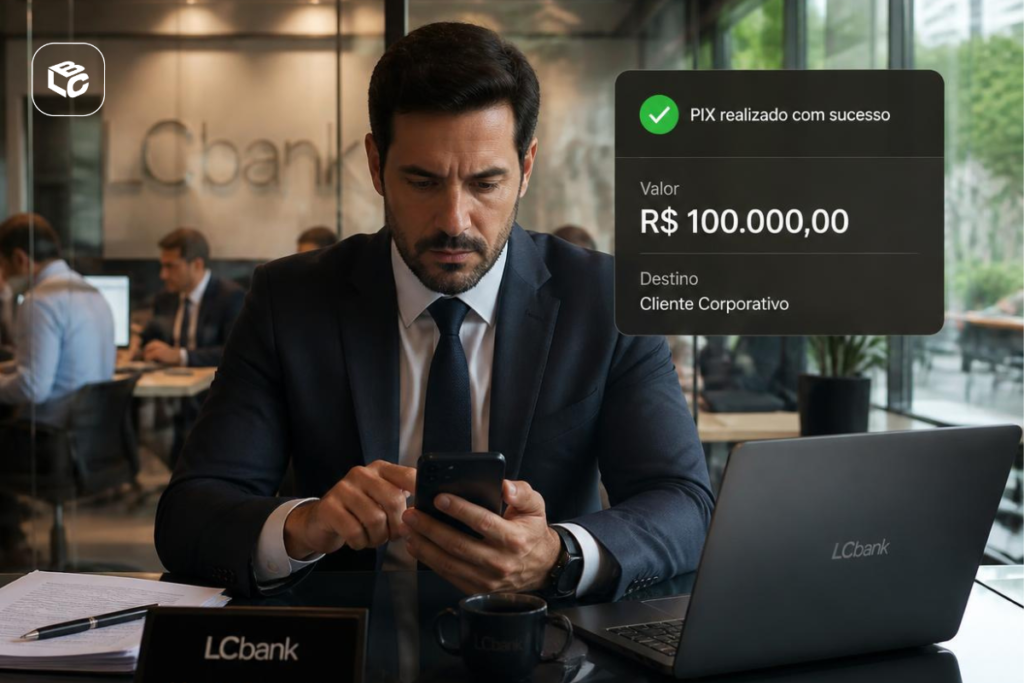 Homem de terno confere PIX de R$ 100.000,00 no celular, com logo LCbank.