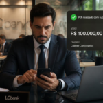 Homem de terno confere PIX de R$ 100.000,00 no celular, com logo LCbank.