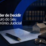 Arte sobre precatórios e Justiça Federal, com documentos, ampulheta e calculadora sobre uma mesa, ao lado de uma pessoa analisando processos.